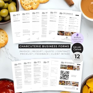 May include: A flat lay of charcuterie business forms, including invoices, receipts, and contracts. The forms are printed on white paper with black text and the "SIP & SNACK CO" logo. The image also includes a bonus Google Form template and the option to edit with Canva.