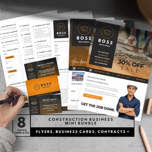 Pacote de negócios de construção Modelos Canva, Folhetos de vendas de renovação, Cartão de visita de construtor faça você mesmo, Contrato de empreiteiro, Folha de produtos, CB3
