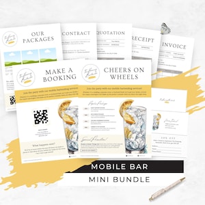 Mobile Bar Business Bundle, Pop-up Cocktail Cart Business Card, Bartending Contract Template, Freelance Bartender Marketing Flyers, RB9