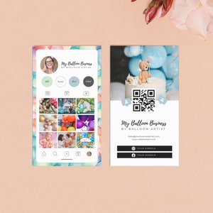 Biglietto da visita Instagram ghirlanda di palloncini, biglietto da visita palloncino con codice QR, carta fedeltà modificabile Canva, biglietto da visita feed Instagram, BB7