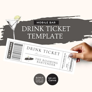 Mobile Bar Drink Ticket Canva Vorlage, Hochzeitsgetränke-Token-Gutschein bearbeitbar, Cocktailbar-Tab-Gästeliste, freiberuflicher Barkeeper-Coupon, RB10