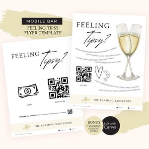 以下が含まれることがあります： モバイルバーサービスのチラシテンプレート。チラシには「Feeling Tipsy?」というテキストとチップ用のQRコードが掲載されています。チラシには現金のアイコンと「The Roaming Bartender」というテキストも含まれています。