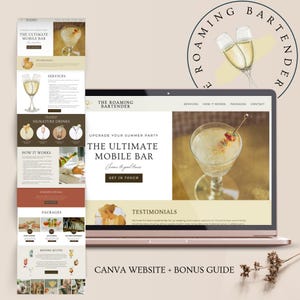 Op de afbeelding: Website-mockup voor The Roaming Bartender, een mobiele barservice. De website heeft een modern ontwerp met afbeeldingen van cocktails en een call-to-action om contact op te nemen. De tekst "Upgrade your summer party" en "The Ultimate Mobile Bar" staat op de website.