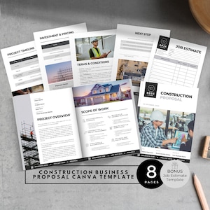 May include: A collection of eight-page construction business proposal Canva templates. The templates include sections for project timelines, investment and pricing, terms and conditions, project overviews, and job estimates. The design is primarily black and white with images.