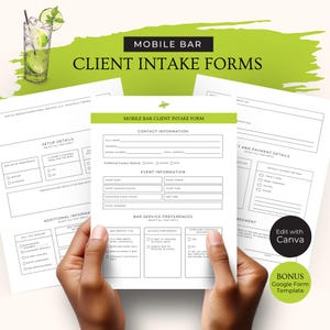 Mobile Bar Business Client Intake Form, Event Information Canva Template, Pop-up Cocktail Cart Google Form, Editable Bartending Sheets, RB1