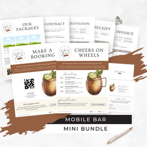 Mobile Bar Business Bundle, Pop-up Cocktail Cart Business Card, Bartending Contract Template, Freelance Bartender Marketing Flyers, RB5