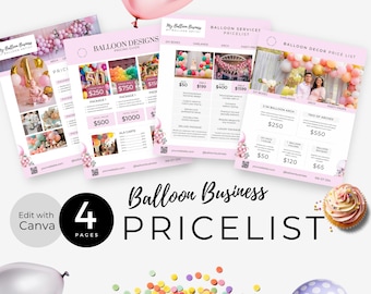 Plantilla de hoja de precios para artistas de globos (tamaño carta de EE. UU.), lista de precios de guirnaldas de globos (Canva), lista de precios de decoración para eventos, folletos de extras y complementos (BB8)