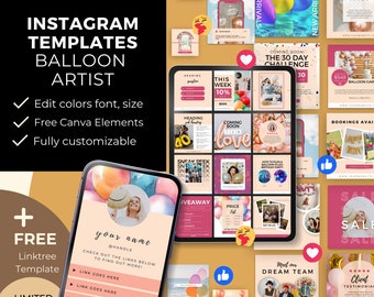 50 plantillas de Instagram Negocios de globos, Plantillas de redes sociales para artistas de globos, Publicaciones de redes sociales de decoración de globos, Plantillas de Canva, BB4