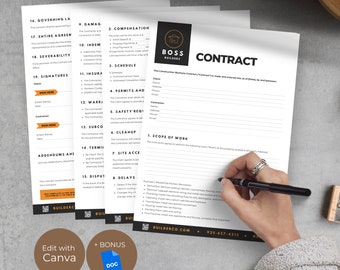 Modèle de contrat de construction modifiable, document Google pour petites entreprises, modèle canva de document pour constructeurs de maisons, formulaire de contrat de sous-traitance, CB3