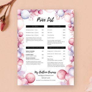 Lista de preços de negócios de balões A4, menu de balões, folha de preços de guirlandas de balões Canva, decoração de eventos, modelo de lista de preços de histórias do Instagram, BB1