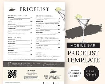 Plantilla de lista de precios de barra móvil, menú de barra personalizable, menú de bebidas de barra de cócteles, precios de barman emergentes, señal de prohibido beber para menores de 21 años, RB10