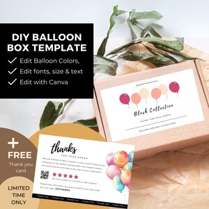 Op de afbeelding: DIY ballonkrans doos sjabloon met een bedankkaart. De doos is bruin en heeft een wit label met de tekst "Blush Collection" en de kleuren roze, blauw en paars. De bedankkaart heeft een aquarel illustratie van ballonnen en de tekst "Bedankt voor uw bestelling".