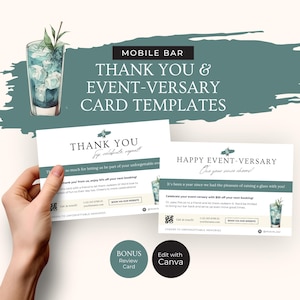 May include: Two printable thank you cards for a mobile bar service. The cards feature a blue cocktail glass with ice and a sprig of greenery. The text on the cards reads "Thank You" and "Happy Event-Versary".
