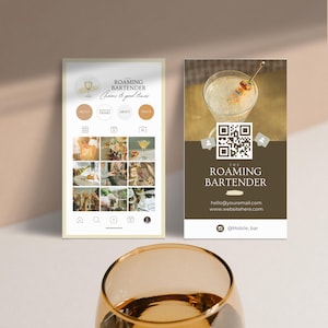 May include: A brown and white card with a QR code and the text "The Roaming Bartender" with contact information and a social media handle. The card is next to a glass of a yellow cocktail with a green garnish.