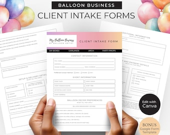 Formulario de admisión de clientes para negocios de globos, plantilla de Canva para información de eventos, formulario de Google para consultas sobre decoración con globos, hojas editables para artistas de globos BB4
