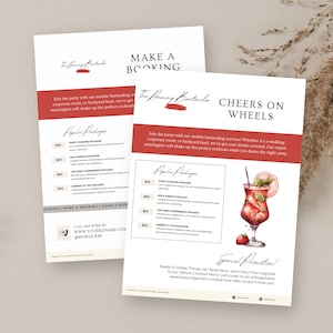 Ulotka biznesowa dla mobilnego baru, list US Letter, paleta marek Berry Red, ulotka dla barmanów, niezależny barman, branding wózka typu pop-up, edycja w Canva RB4