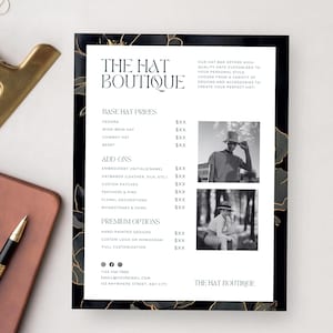Modelo de preços de bar de chapéus, menu de chapéus personalizável, lista de preços de chapéus do Instagram, lista de preços de acessórios de moda, guia de preços para pequenas empresas Canva