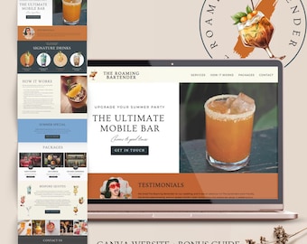 May include: A website mockup for a mobile bar service called "The Roaming Bartender". The website features a modern design with a focus on cocktails and good times. The website includes sections for services, how it works, packages, testimonials, and contact information. The website also includes a call to action to get in touch.