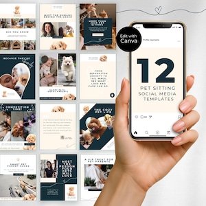 Könnte beinhalten: Ein Smartphone zeigt 12 Social-Media-Vorlagen für die Haustierbetreuung. Die Vorlagen zeigen Bilder von Hunden und Katzen mit Text wie "Meet the Humans Behind the Leash" und "The Cozy Pet Life".