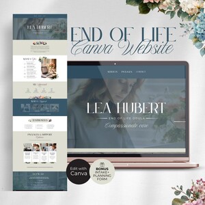 Peut inclure: Un ordinateur portable rose doré affiche une conception de site Web avec le texte "LEA HUBERT - End of Life Doula - Compassionate care." La conception du site Web est dans des tons de bleu et de beige, avec des accents floraux. Le texte "END OF LIFE Canva Website" est également visible.