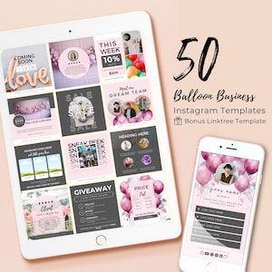 Könnte beinhalten: Ein Set mit 50 Instagram-Vorlagen für ein Ballon-Unternehmen, mit rosa und grauen Farbschemata und Bildern von Ballons. Die Vorlagen umfassen verschiedene Designs für Aktionen, Verkäufe, Gewinnspiele und Kundenreferenzen. Eine Bonus-Linktree-Vorlage ist ebenfalls enthalten.