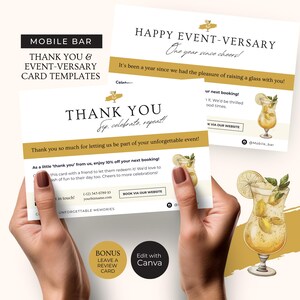 Plantilla Canva de tarjeta de agradecimiento para negocios de bar móvil, cupón personalizable para aniversario de evento, cupón editable para dejar una reseña de bar de cócteles, RB8