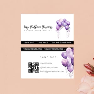 Ballonkunstenaar visitekaartje 8,5x5cm, verwijzingskaartsjabloon, bewerkbaar in Canva, ballondecor zakelijke branding, evenement visitekaartje, BB5