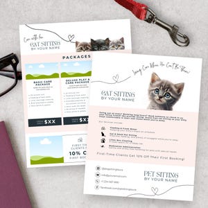 Modèle sur toile Flyer cat sitter avec coeur, feuille pour s'asseoir chats, conception de brochure kitty, image de marque d'une école de félins, logo British Shorthair, PE10