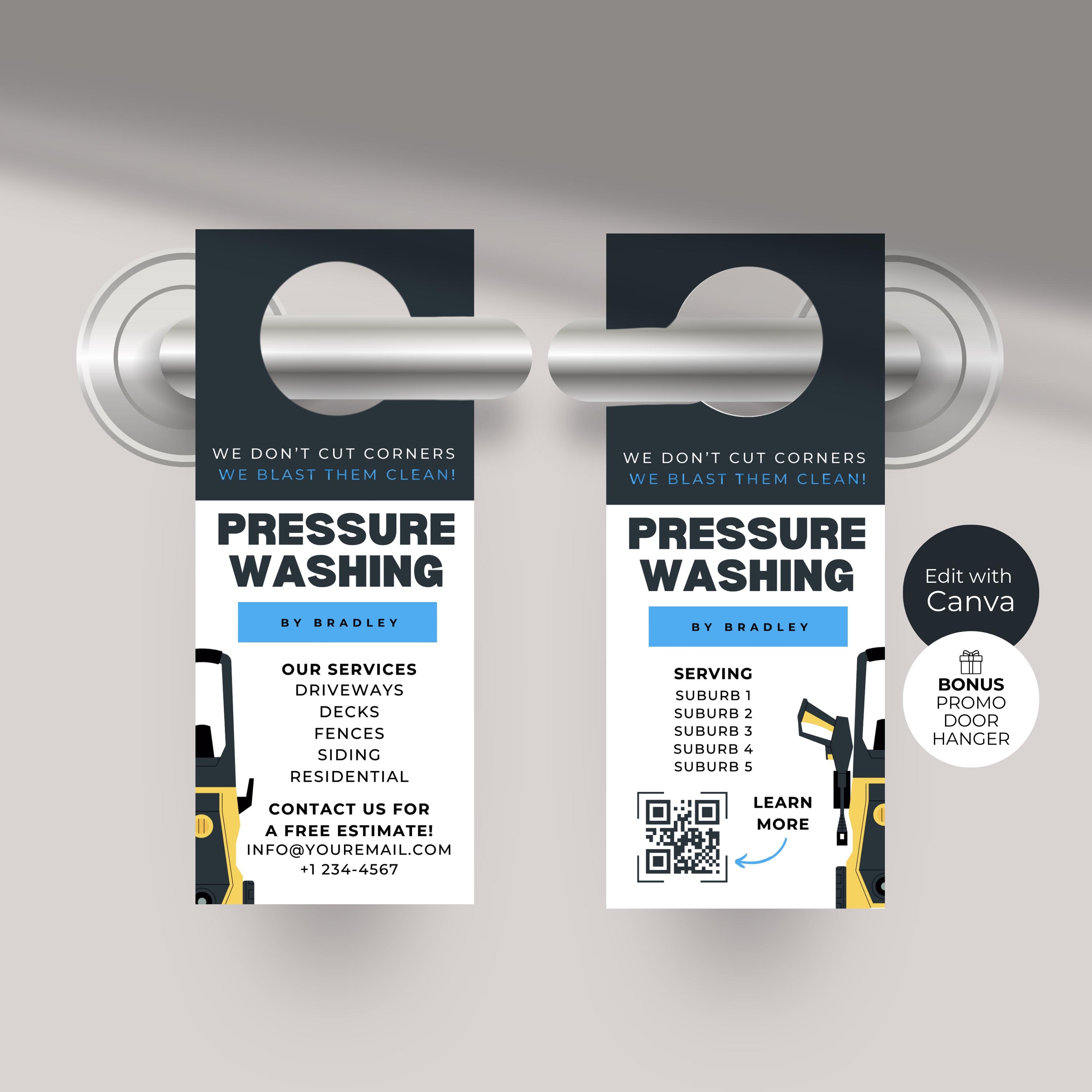 Modello per appendino per porta per idropulitrice, marchio per la pulizia esterna, design fai da te per volantini per porte di idropulitrici, marketin