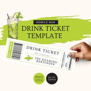 Plantilla Canva de boletos de bebidas para barra móvil, cupón de bebida para boda editable, lista de invitados de la pestaña de barra de cócteles, cupones de barman independiente, RB1