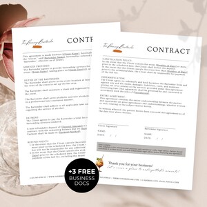 May include: A contract template for a bartender service agreement. The document includes sections for cancellation policy, indemnification, payment, and refund policy. The text includes the words "The Flaming Bartender" and "Let's raise a glass to unforgettable moments!"