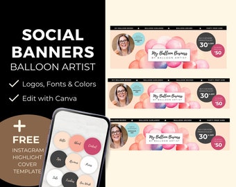 Banners de redes sociales, banner de página de Facebook, banner de Linkedin de plantilla de Canva, banner de Etsy de artista de globos, editar en Canva, BB4