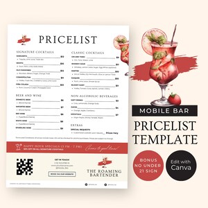 May include: A white and red mobile bar price list template with a watercolour illustration of a cocktail glass with a red drink and a cherry. The text on the template says "Mobile Bar Pricelist Template" and "Bonus No Under 21 Sign".