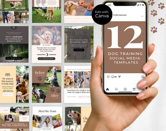 May include: A smartphone displays 12 dog training social media templates. The phone is held in a hand, with paw prints in the background. The templates feature images of dogs and text such as "Giveaway" and "Meet the Team."