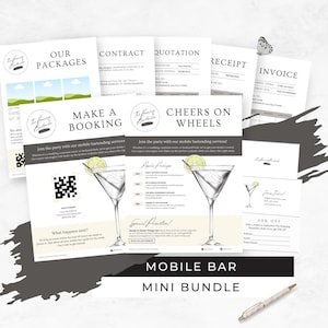 Mobile Bar Business Bundle, Pop-up Cocktail Cart Business Card, Bartending Contract Template, Freelance Bartender Marketing Flyers, RB10