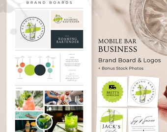 Mobile Bar Business Logo, Bartending Services Brand Board, Branding Guidelines, Bartender Logo Design, Editable in Canva Templates, RB1