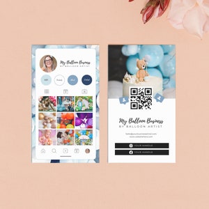 Biglietto da visita Instagram ghirlanda di palloncini, biglietto da visita palloncino con codice QR, carta fedeltà modificabile Canva, biglietto da visita feed Instagram, BB2