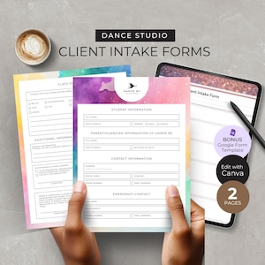 May include: Client intake forms for a dance studio. The forms include sections for student information, parent/guardian information, contact information, and emergency contact. The forms have a watercolor design with the text "Dance Studio" and "Client Intake Forms".