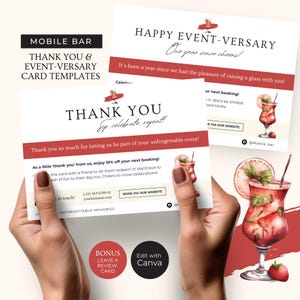 May include: A thank you card template for a mobile bar business. The card features a watercolor illustration of a cocktail with a red background. The text on the card reads "Thank You Sip. Celebrate. Repeat!" and "As a little 'thank you' from us, enjoy 10% off your next booking!"