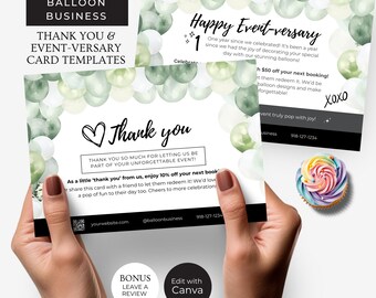 Modelo de cartão de agradecimento para artista de balões Canva, voucher de aniversário personalizável para eventos, guirlanda de balões editável, cupom para deixar uma avaliação, BB3