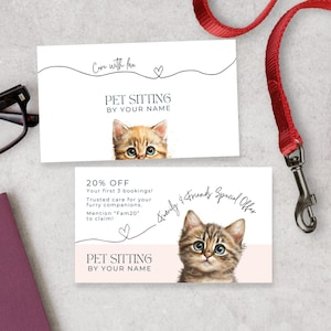 Cartes de visite pour garder un animal de compagnie avec coeur, modèle canva pour carte de gardien de chat avec chatons, image de marque Kitty préscolaire, marque Tabby Ginger, PE8