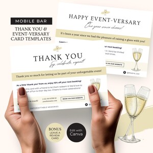 May include: A thank you card template for a mobile bar business. The card features a champagne glass illustration and the text "Thank You Sip. Celebrate. Repeat!" and "As a little 'thank you' from us, enjoy 10% off your next booking!"