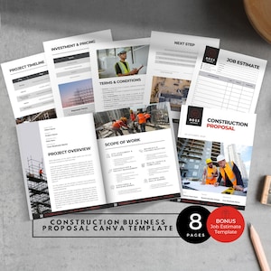 May include: A collection of construction business proposal templates, including project timeline, investment & pricing, terms & conditions, and job estimate forms. The templates feature images of construction workers and building sites. The text reads "Construction Business Proposal Canva Template."