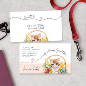 Cartes de visite pour garder un animal de compagnie avec coeur, modèle Canva pour carte de gardien de chat avec chaton, image de marque Kitty Pre School, marque Tabby Ginger, PE5