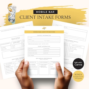 Formularz przyjęcia klienta biznesowego mobilnego baru, szablon Canva z informacjami o wydarzeniu, formularz Google Pop-up Cocktail Cart, edytowalne arkusze barmańskie, RB9