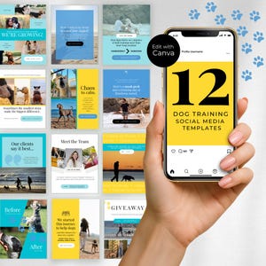 May include: A hand holding a smartphone displaying 12 dog training social media templates. The phone screen shows a yellow background with black text that reads "DOG TRAINING SOCIAL MEDIA TEMPLATES". The background includes various dog-related images.