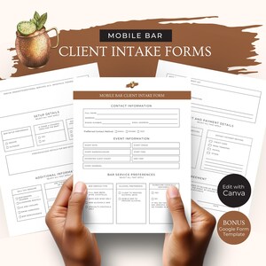 Formularz przyjęcia klienta do mobilnego baru, szablon Canva z informacjami o wydarzeniu, formularz Google Pop-up Cocktail Cart, edytowalne arkusze barmańskie, RB5
