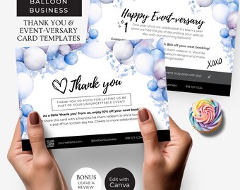 Plantilla de Canva para tarjeta de agradecimiento de artista de globos, cupón personalizable para aniversario de evento, guirnalda de globos editable, cupón para dejar una reseña, BB2