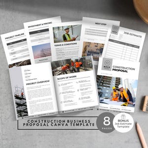 Może przedstawiać: Zestaw wydrukowanych dokumentów dla propozycji biznesowej budowlanej. Strony zawierają sekcje dotyczące harmonogramów projektów, inwestycji i cen, warunków i szacunków pracy. Szablon zawiera 8 stron.