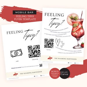 Op de afbeelding: Een flyer-sjabloon voor een mobiele barservice. De flyer bevat een aquarel-illustratie van een cocktailglas met een rode drank en een aardbei. De tekst op de flyer luidt "Feeling Tipsy?" en bevat een QR-code voor fooi. De flyer bevat ook de tekst "The Roaming Bartender".